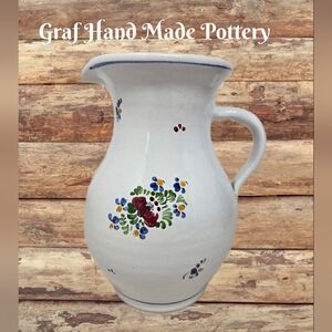 Graf Handmade Pottery Vase Pitcher Hand Painted White & Delicate Flowers Floral
